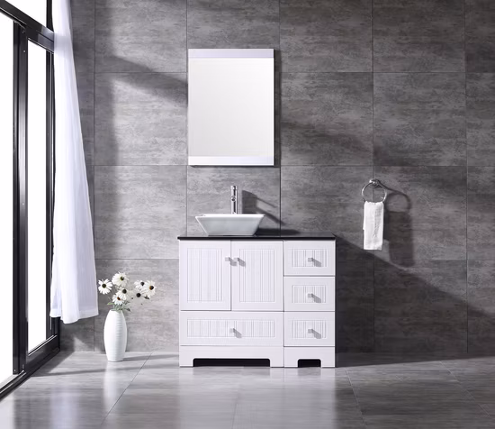 Bathroom Vanity 36&prime;&prime; PVC Cover Cabinet Ceramic Vessel Sink Black Counter Top Set