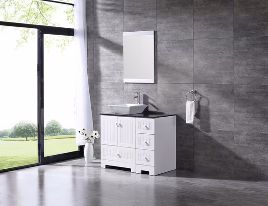Bathroom Vanity 36&prime;&prime; PVC Cover Cabinet Ceramic Vessel Sink Black Counter Top Set